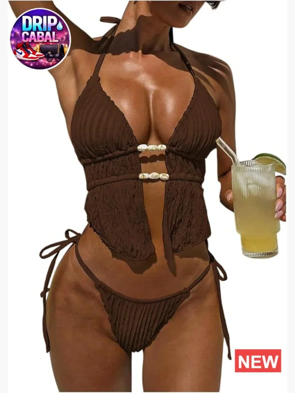 2 Piece Boho Polka Dots Beaded Bikini Sets Halter Swimsuits Textured Tie Side